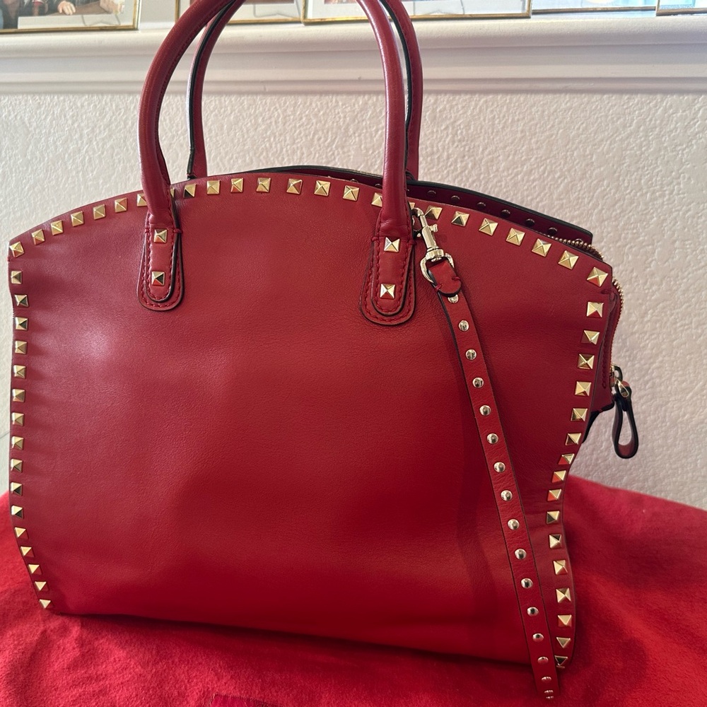 Red Studded Leather Dome Satchel - Women's Designer-Inspired Handbag
